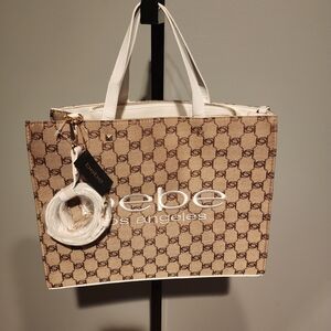 Bebe Los Angeles Monogram Jacquard Tote Bag White Tan E01-4650